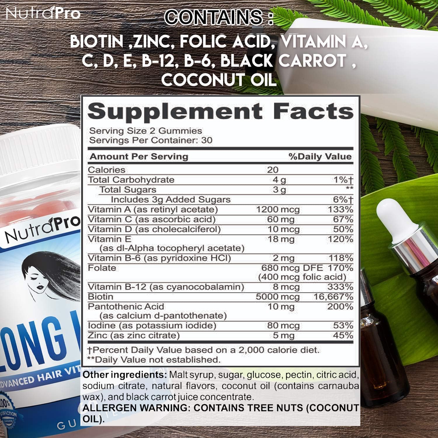 NutraPro Long Hair Gummies bottle with tag, premium formula for hair health support.
