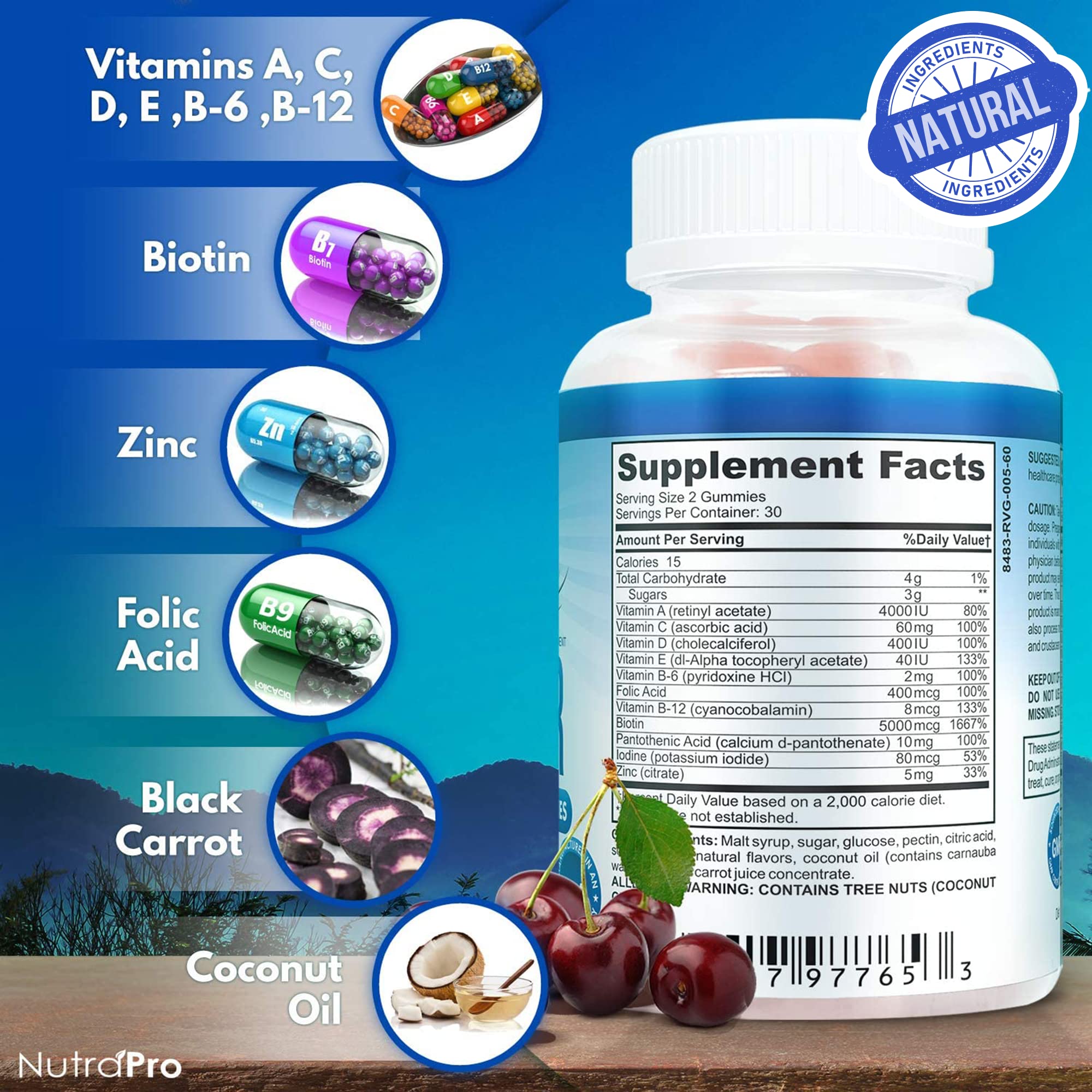 NutraPro Long Hair Gummies label back, biotin and vitamins highlighted for hair health.