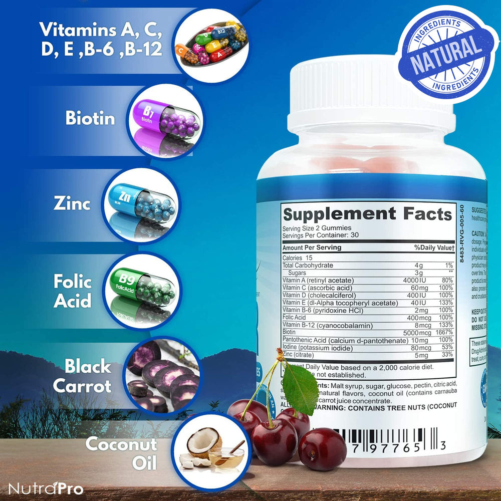 NutraPro Long Hair Gummies label back, biotin and vitamins highlighted for hair health.