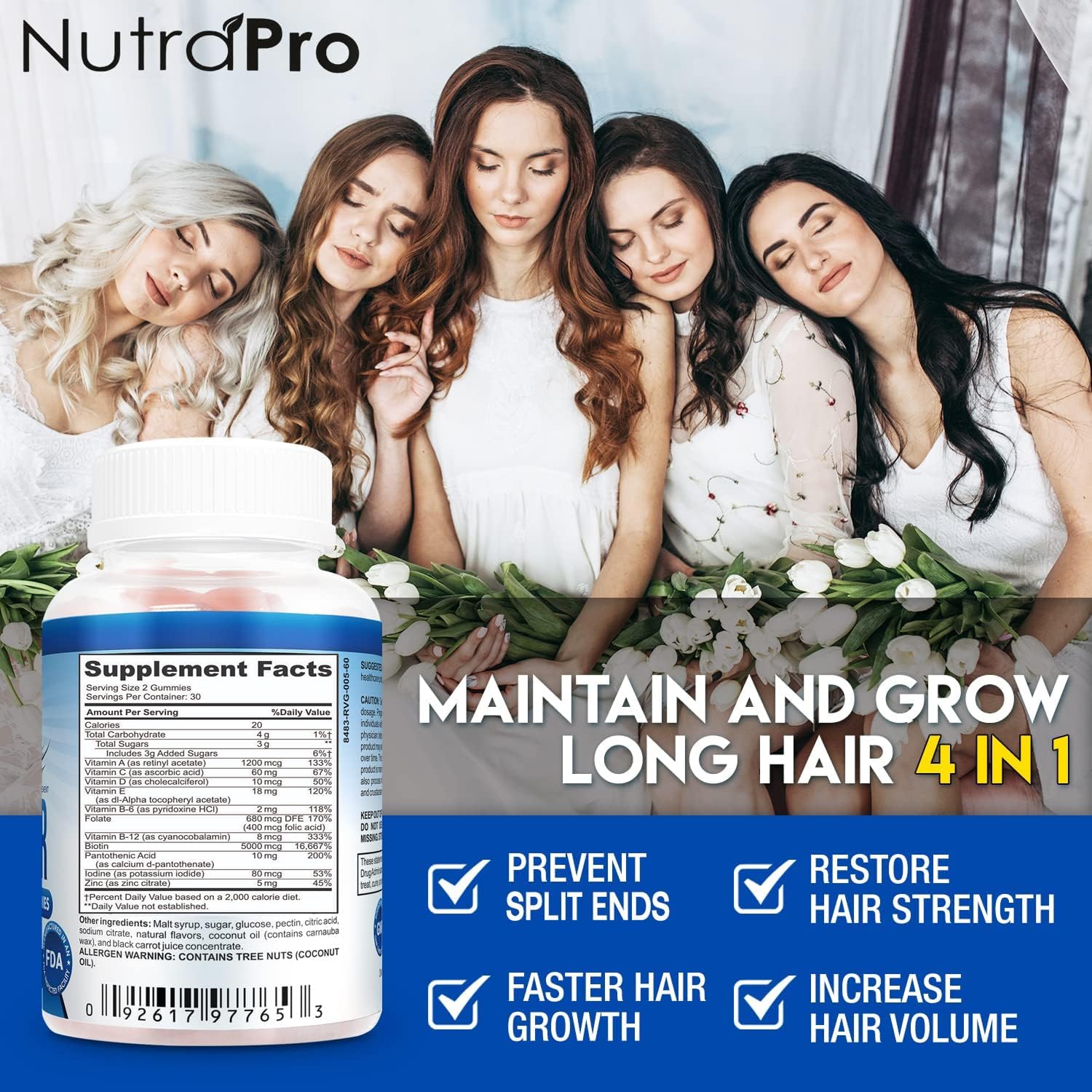 NutraPro Long Hair Gummies packaging display shows all-natural, hair health focused formula.
