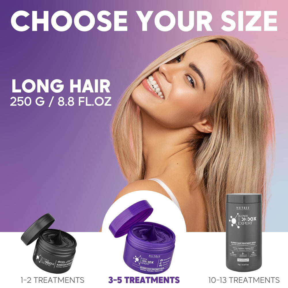 Nutree Professional almond oil and marine collagen blend nourishes dry blonde hair.