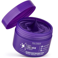 Nutree Professional Keratin Hair Mask for Blondes bottle with purple toning for platinum shine.
