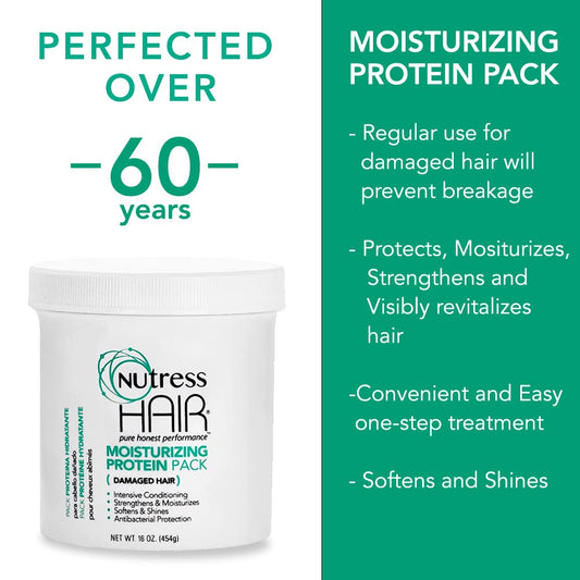 Nutress Protein Pack close-up highlighting moisture and strength benefits.
