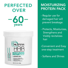 Nutress Protein Pack close-up highlighting moisture and strength benefits.