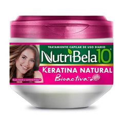 Nutribela keratin bioactive treatment bottle on a vanity for smooth hair care.