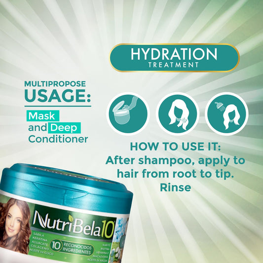 NUTRIBELA10 deep conditioner jar showing repair for dry, damaged hair.