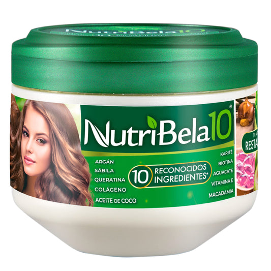 NUTRIBELA10 packaging closeup highlighting nourishing formula for damaged hair