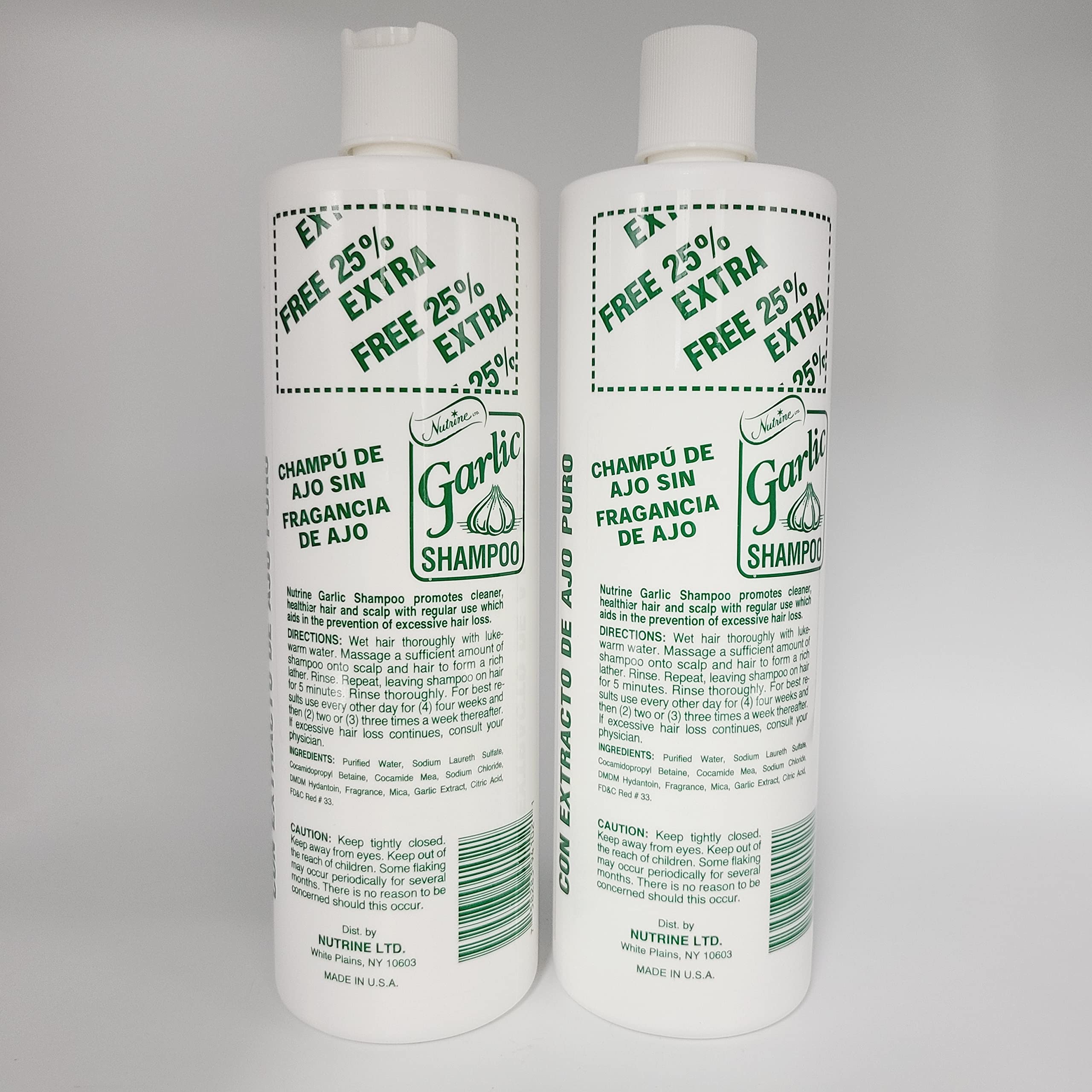 Nutrine Garlic Shampoo Unscented 20oz bottle back view supports daily use with natural ingredients.
