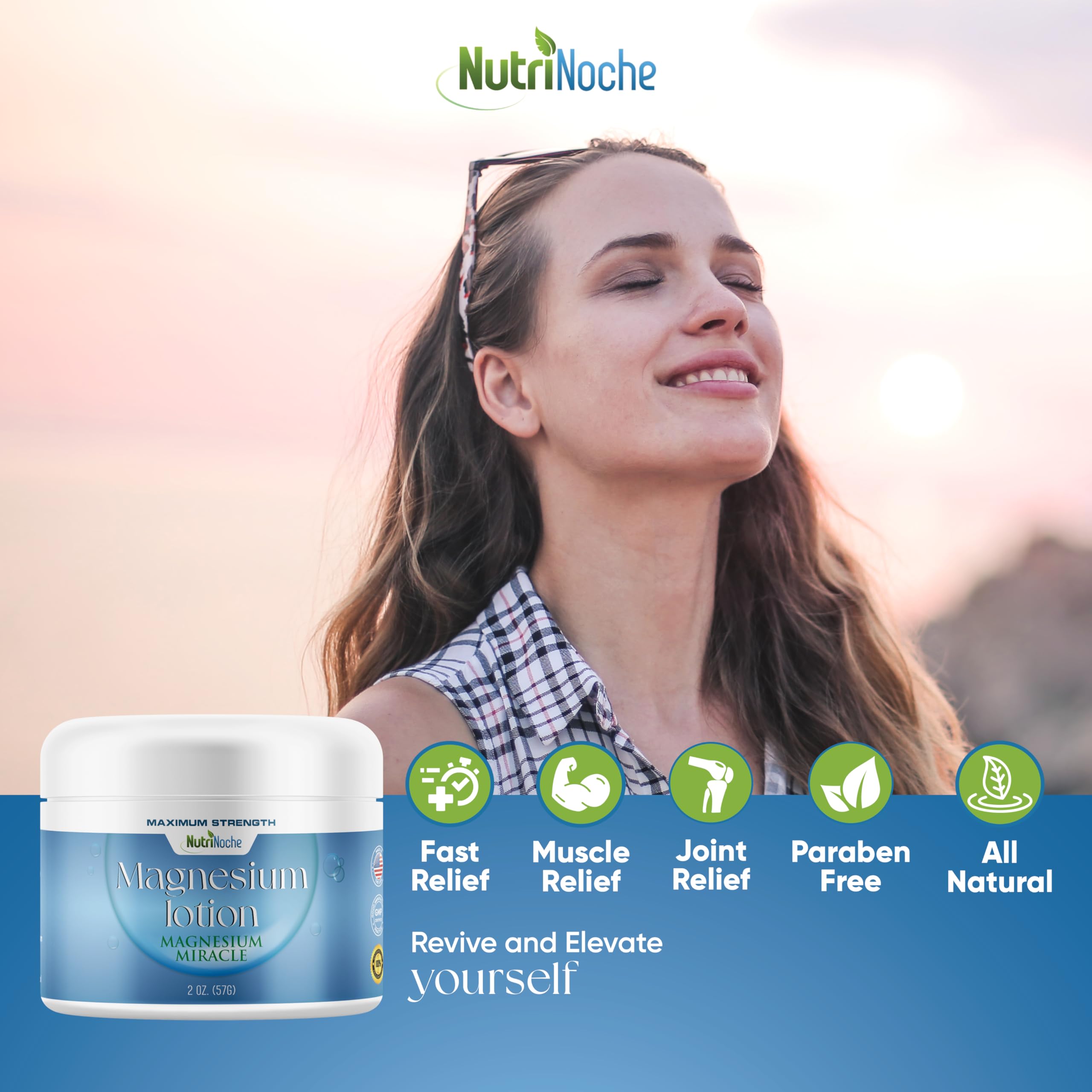 NutriNoche Magnesium Lotion massaged into calf muscles for relaxing relief.