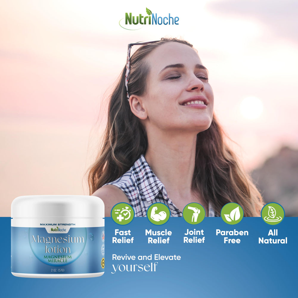 NutriNoche Magnesium Lotion massaged into calf muscles for relaxing relief.