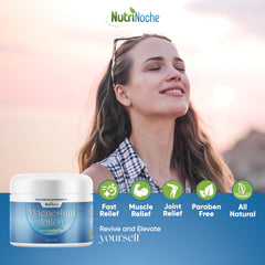NutriNoche Magnesium Lotion massaged into calf muscles for relaxing relief.