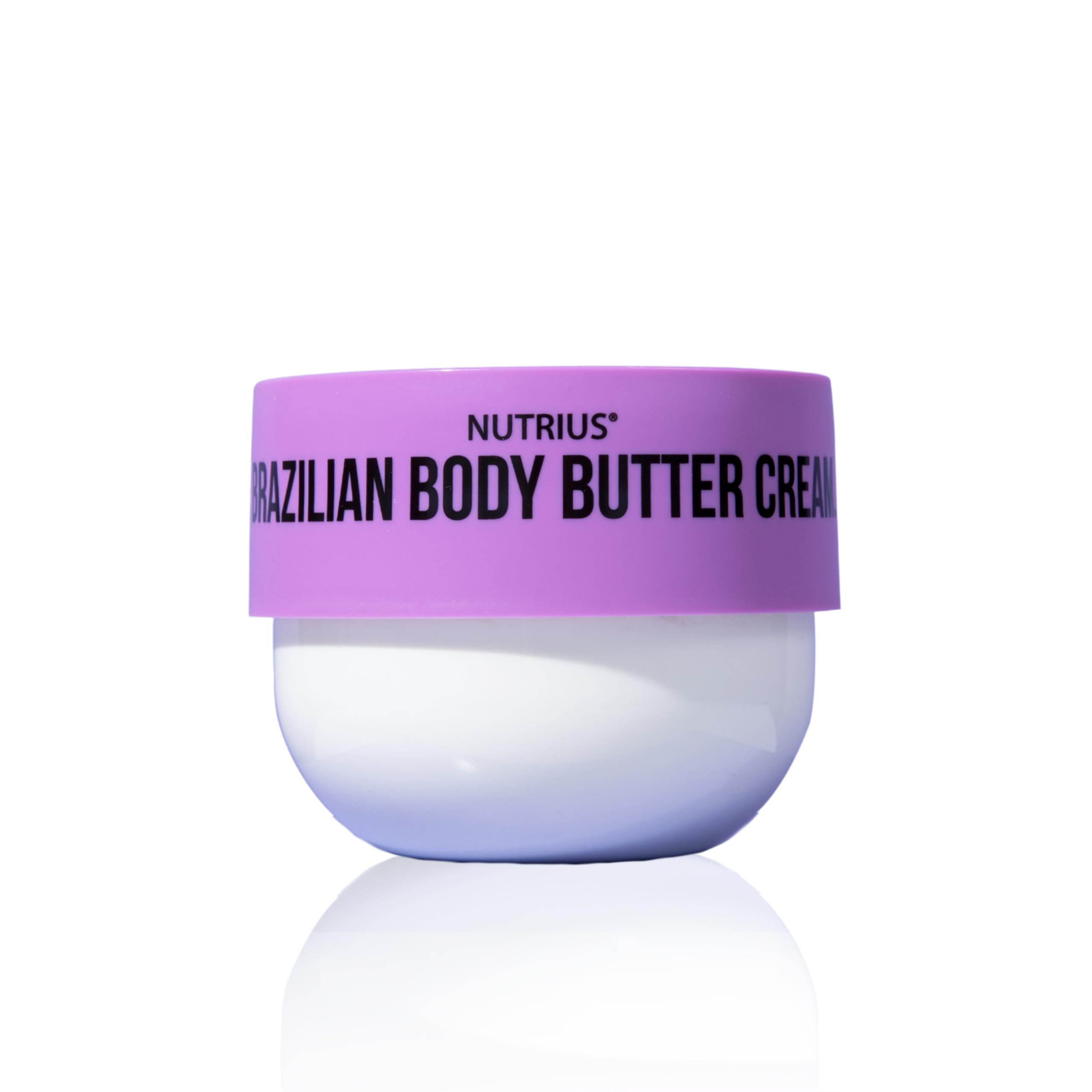 Nutrius Brazilian Body Butter Cream bottle closeup highlighting rich hydration.