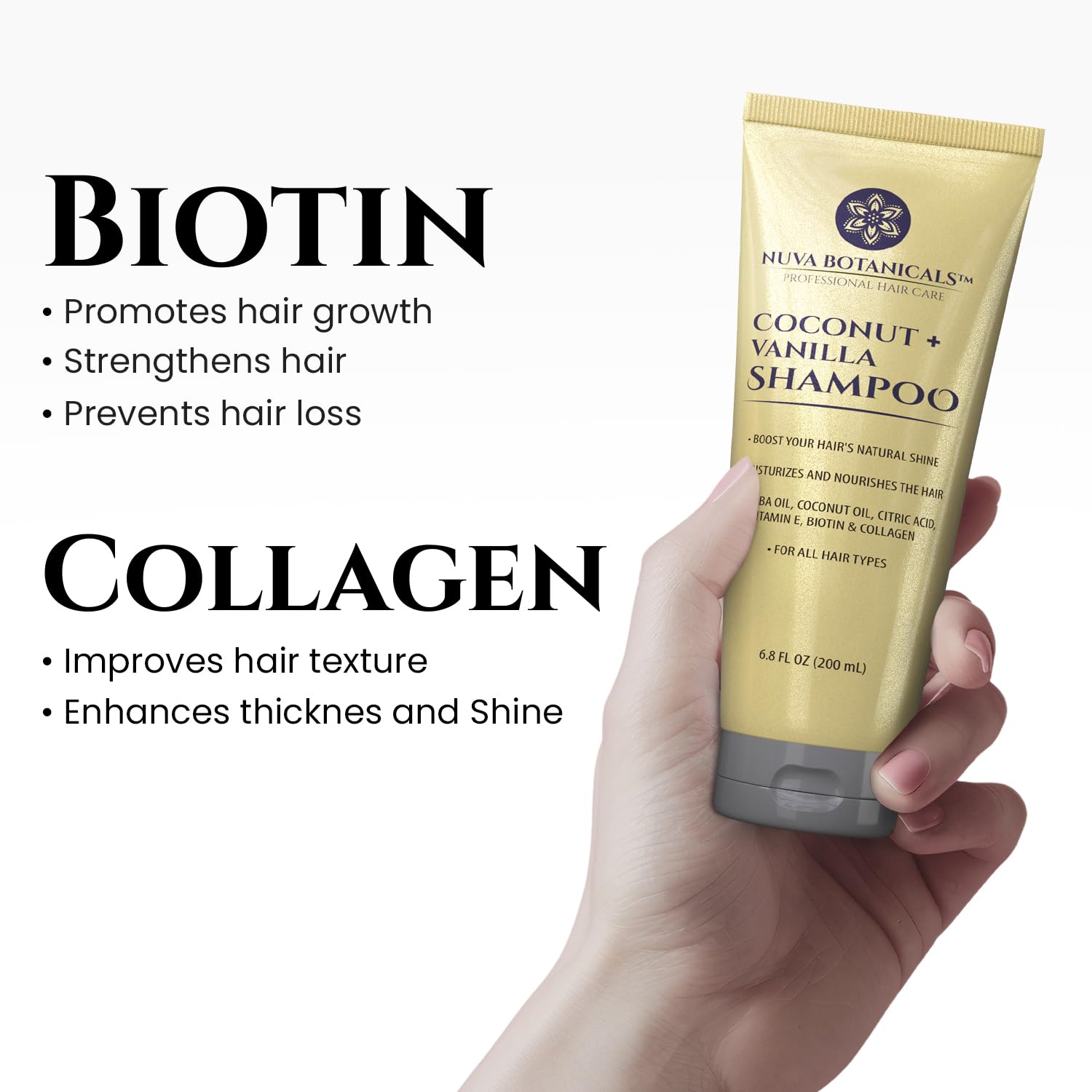 Nuva Botanicals Coconut Vanilla Conditioner bottle for lasting moisture and manageability.