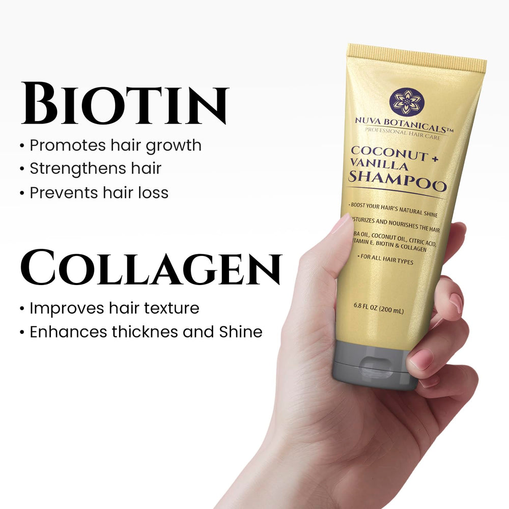 Nuva Botanicals Coconut Vanilla Conditioner bottle for lasting moisture and manageability.
