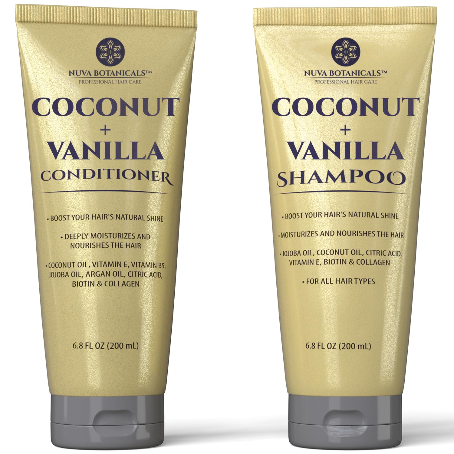 Nuva Botanicals Coconut Vanilla Shampoo bottle for deep hydration and shine.