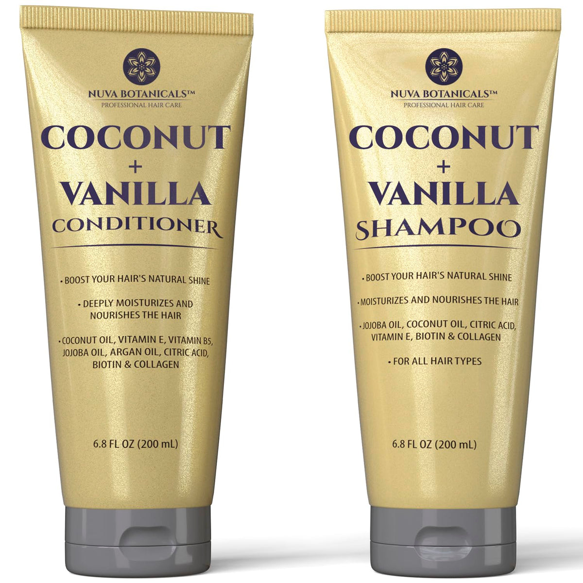 Nuva Botanicals Coconut Vanilla Shampoo bottle for deep hydration and shine.