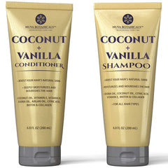 Nuva Botanicals Coconut Vanilla Shampoo bottle for deep hydration and shine.