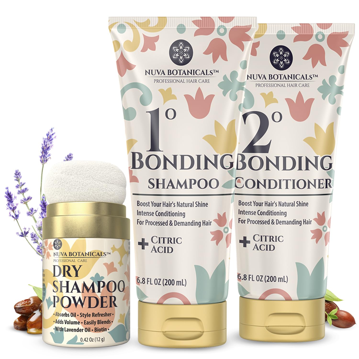 Nuva Botanicals dry shampoo powder applied at roots for quick refresh.