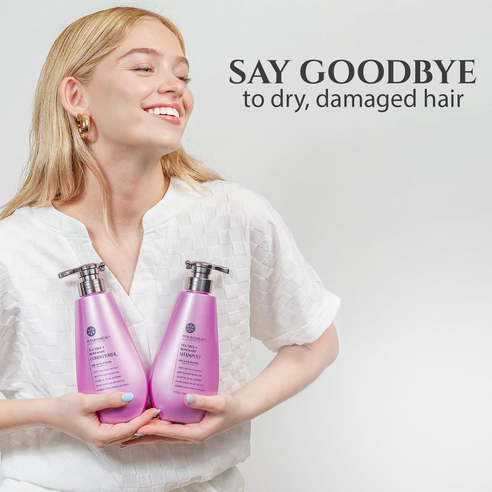 Nuva Botanicals Tea Tree Oil Shampoo bottle highlighting cleansing action