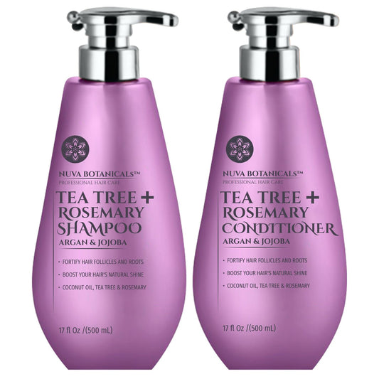 Nuva Botanicals Tea Tree Rosemary Shampoo Set packaging showing premium bottles for easy care