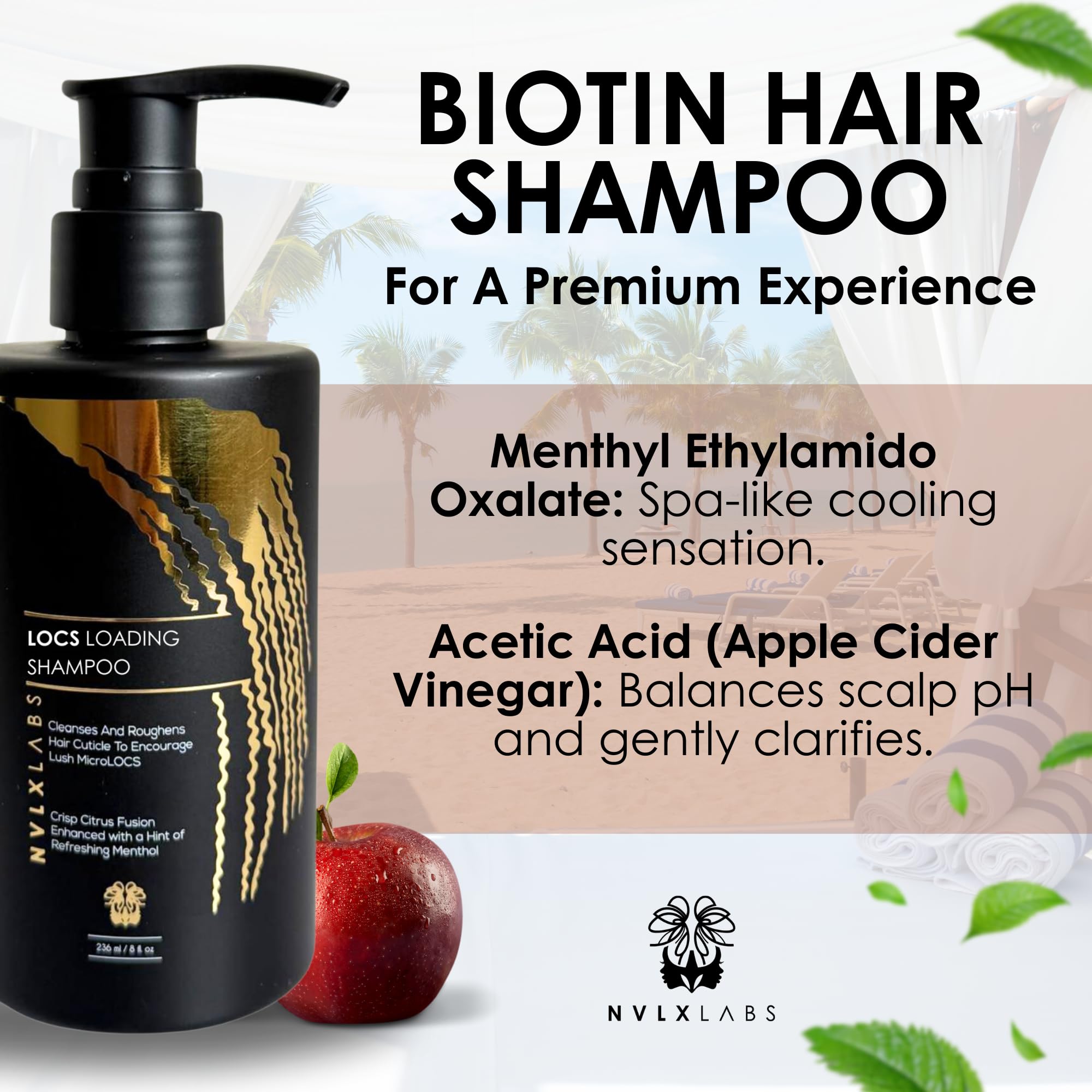 NVLX LABS Locs Shampoo plant-based ingredients highlight herbal cleansing power.