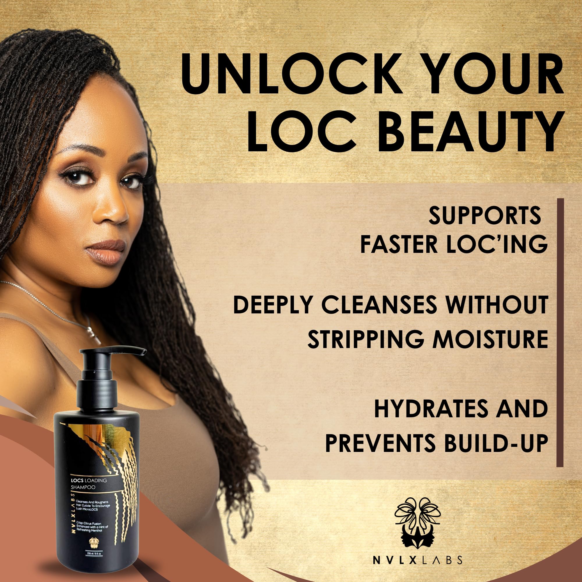 NVLX LABS Locs Shampoo spa-like experience suggests a refreshing wash routine for loc care.