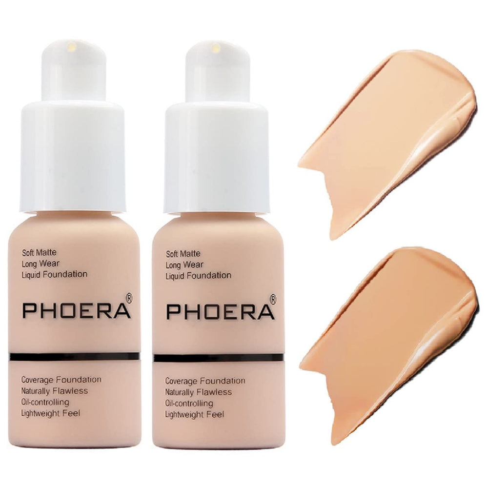 Nvyue Phoera foundation bottle showing shades 102 Nude and 104 Buff for even tone and extended wear.