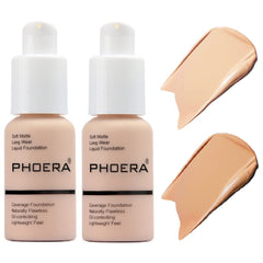 Nvyue Phoera foundation bottle showing shades 102 Nude and 104 Buff for even tone and extended wear.