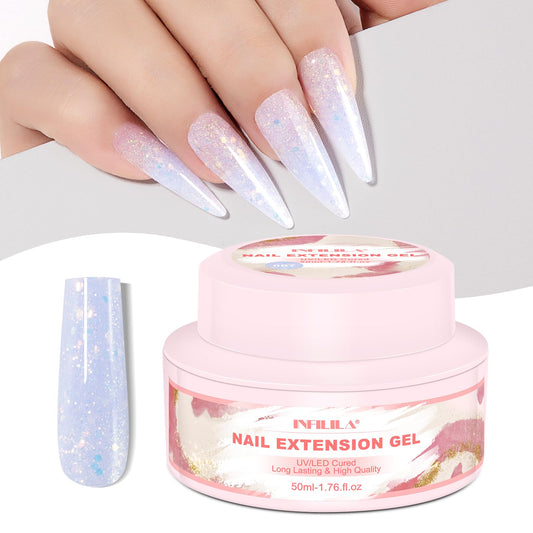 NXJ INFILILA glitter poly nail gel 50ml bottle with baby blue sparkle for bold nails.