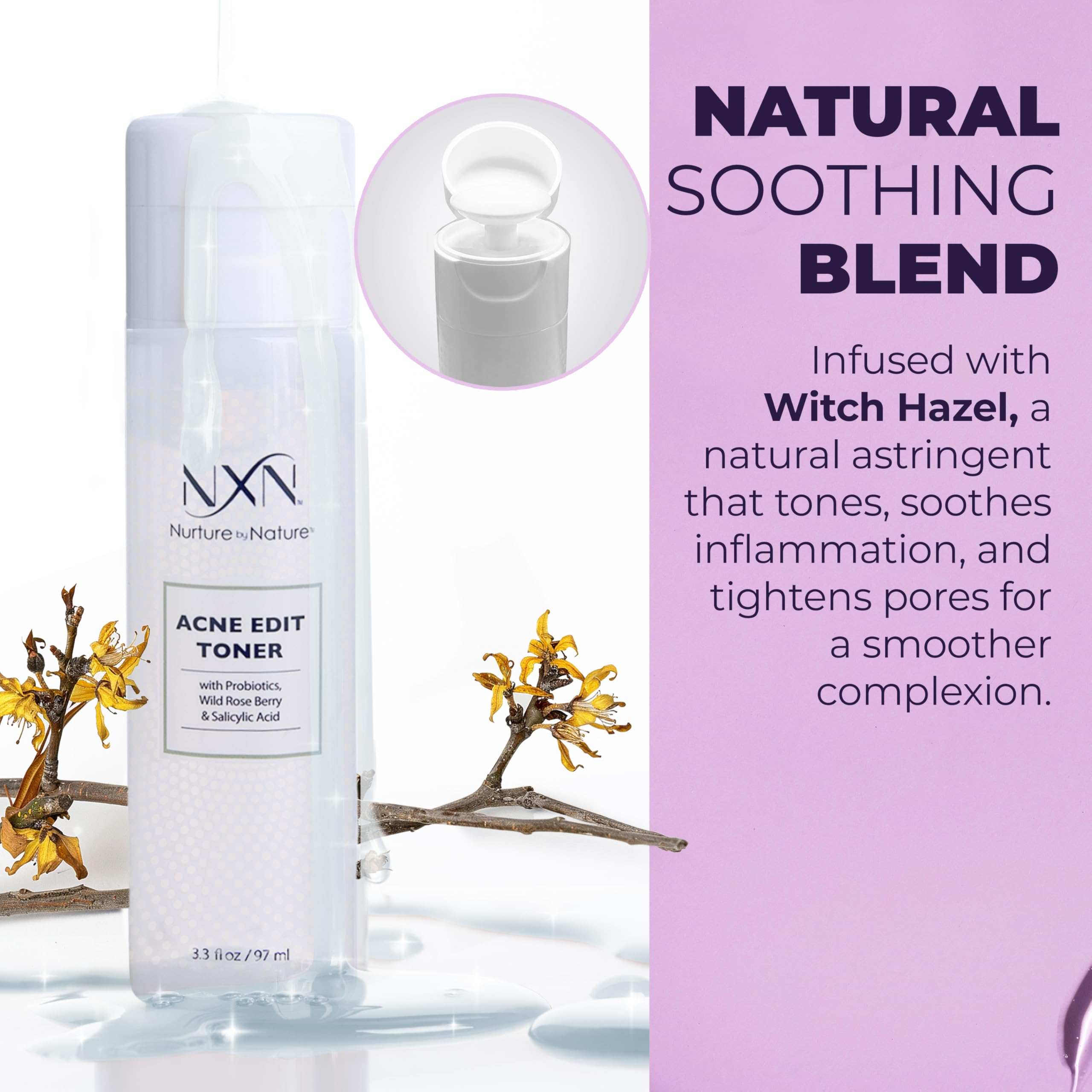NXN Acne Toner highlights Salicylic Acid unclogging pores for smoother skin