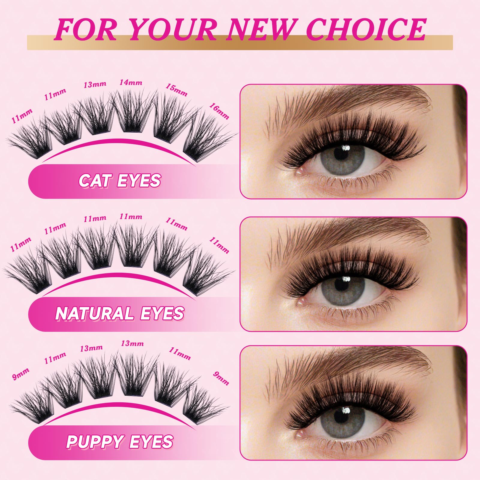Nycaar D curl cluster lashes with defined curl for wispy looks.