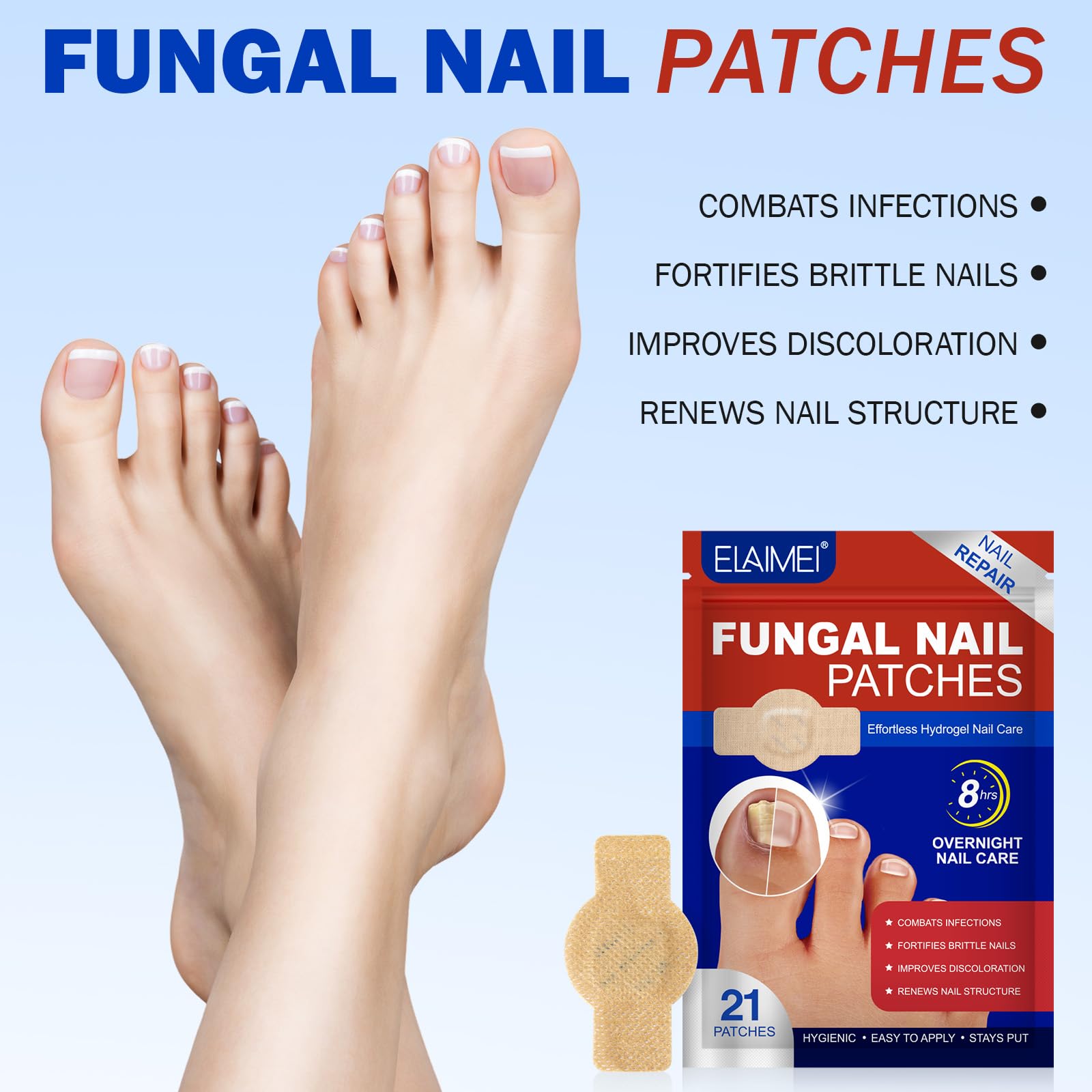Nyloriaine fungal nail patch on toe nail demonstrating secure overnight wear.