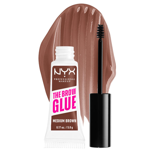 NYX Brow Glue extreme hold bottle shows long lasting brow control with a natural finish