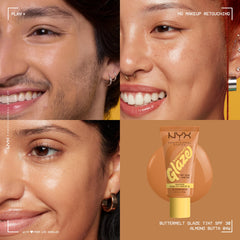 Application of NYX Buttermelt Glaze demonstrates long-wear SPF 30 protection.