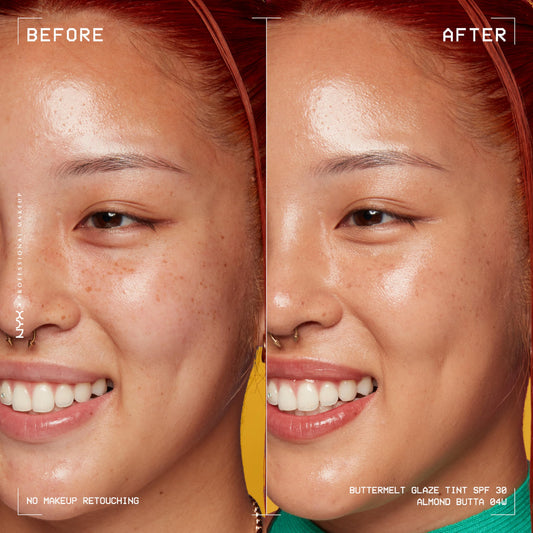 NYX Buttermelt Glaze almond shade swatch shows sheer coverage for a glazed finish.