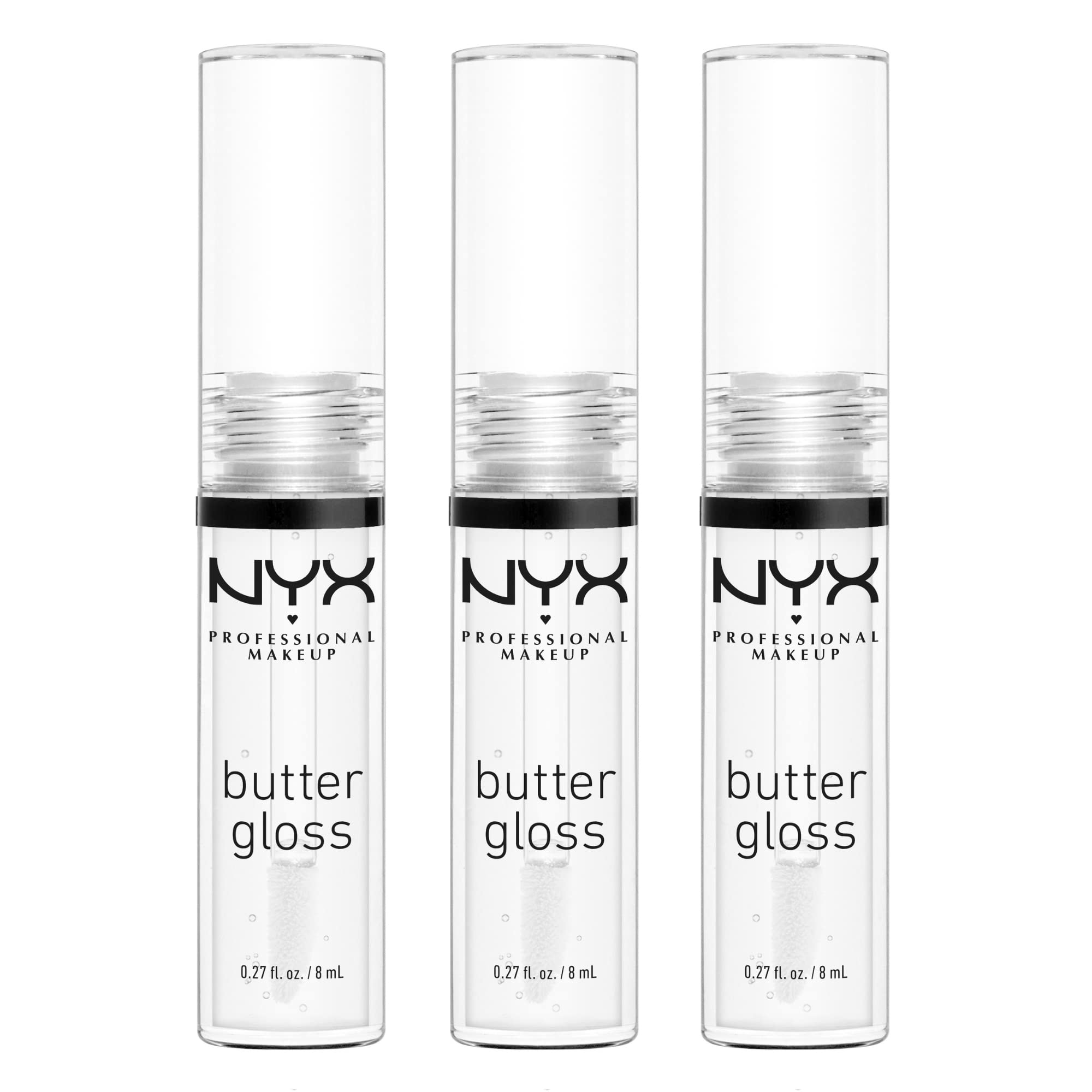 NYX Butter Gloss Sugar Glass 3-pack image shows clear gloss for versatile lip shine.