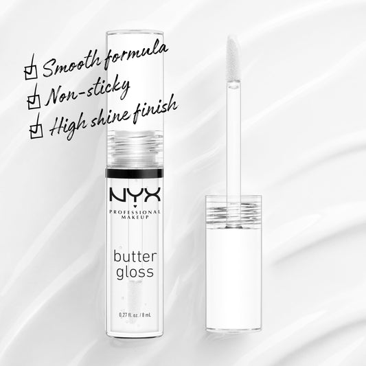 Close-up of NYX Butter Gloss Sugar Glass applicator with creamy, non-sticky texture.