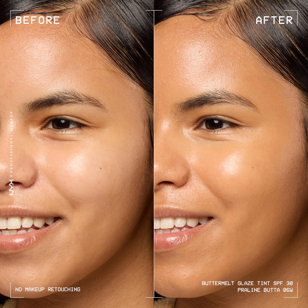 NYX Buttermelt Glaze Praline application demonstrates seamless blending on skin.