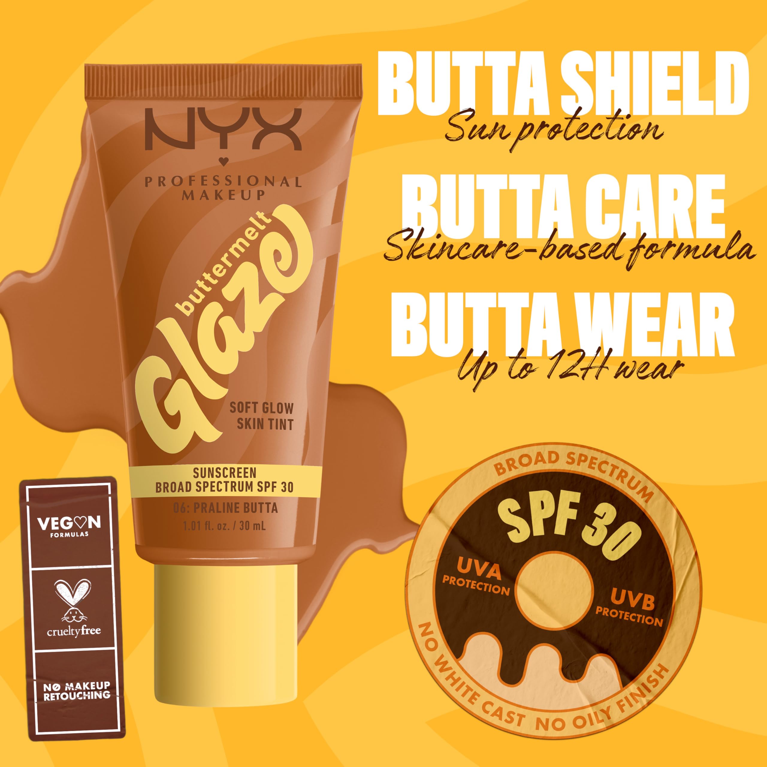 NYX Buttermelt Glaze Praline texture close-up reveals creamy formula.