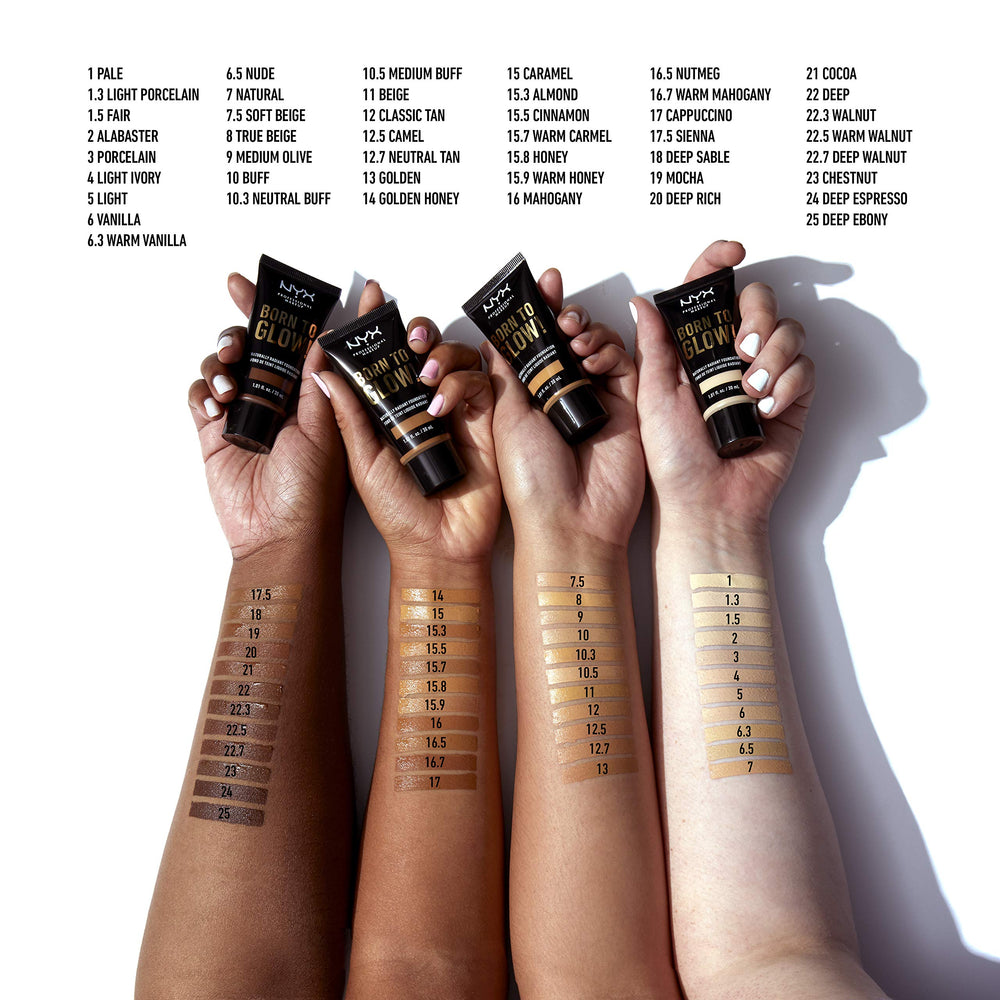NYX Born To Glow foundation Sienna natural finish enhancing skin texture.