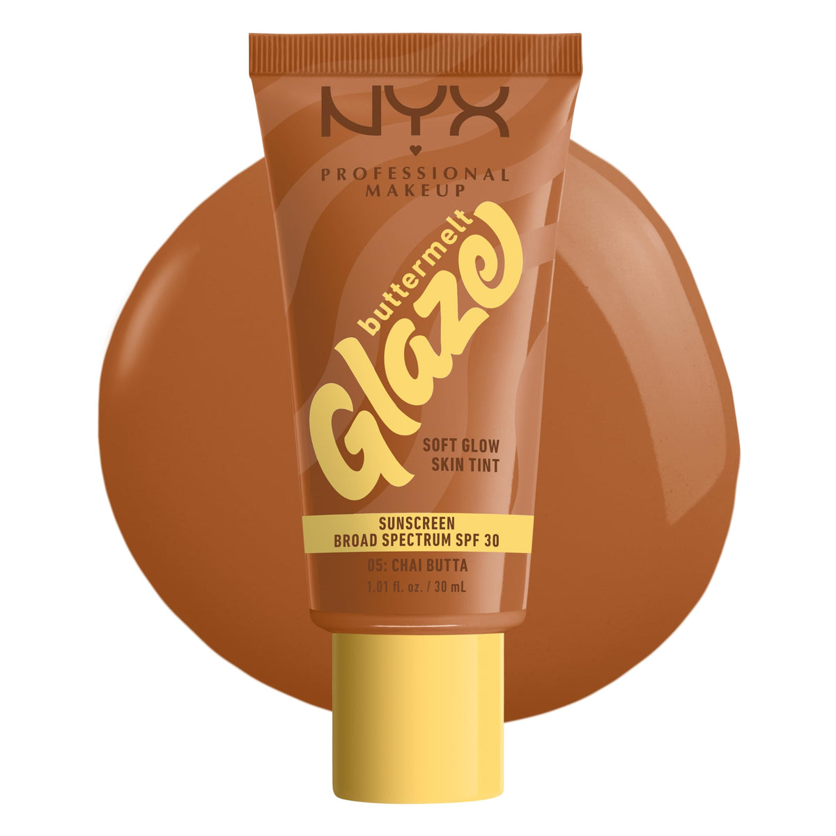 NYX Professional Makeup Buttermelt Glaze bottle close-up showing nourishing tint and SPF