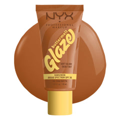 NYX Professional Makeup Buttermelt Glaze bottle close-up showing nourishing tint and SPF