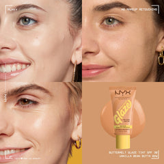 SPF 30 label on NYX Buttermelt Glaze highlights sun protection in a skincare tint