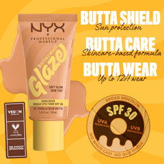 NYX Buttermelt Glaze Vanilla Bean swatch suggests sheer, natural-toned coverage
