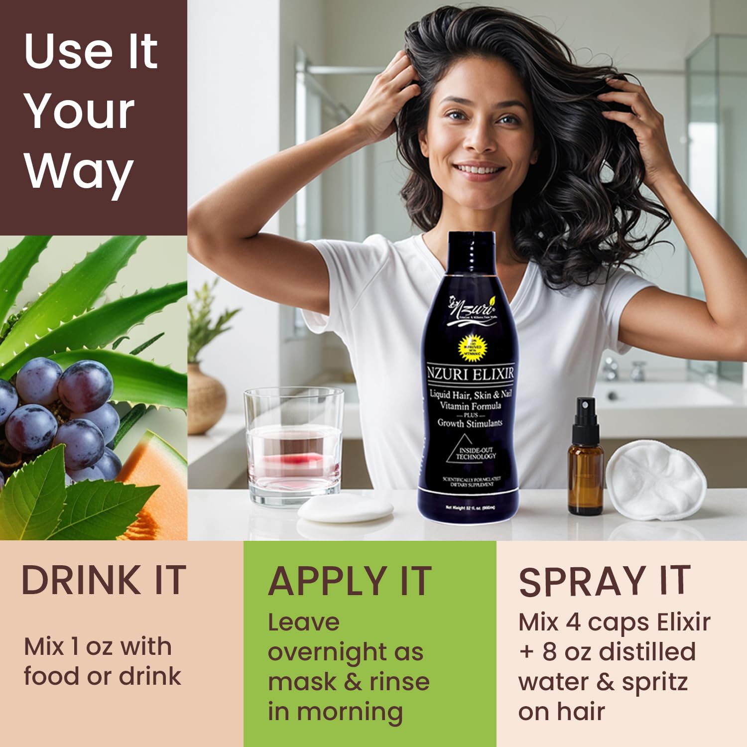 NZURI Elixir bottle pouring capsules into a glass for daily intake.