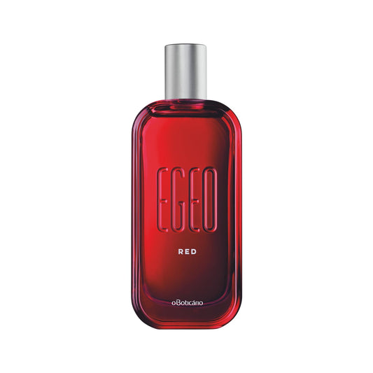 O Boticario Egeo Red bottle close-up; long-lasting fragrance for confident days.