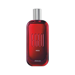 O Boticario Egeo Red bottle close-up; long-lasting fragrance for confident days.