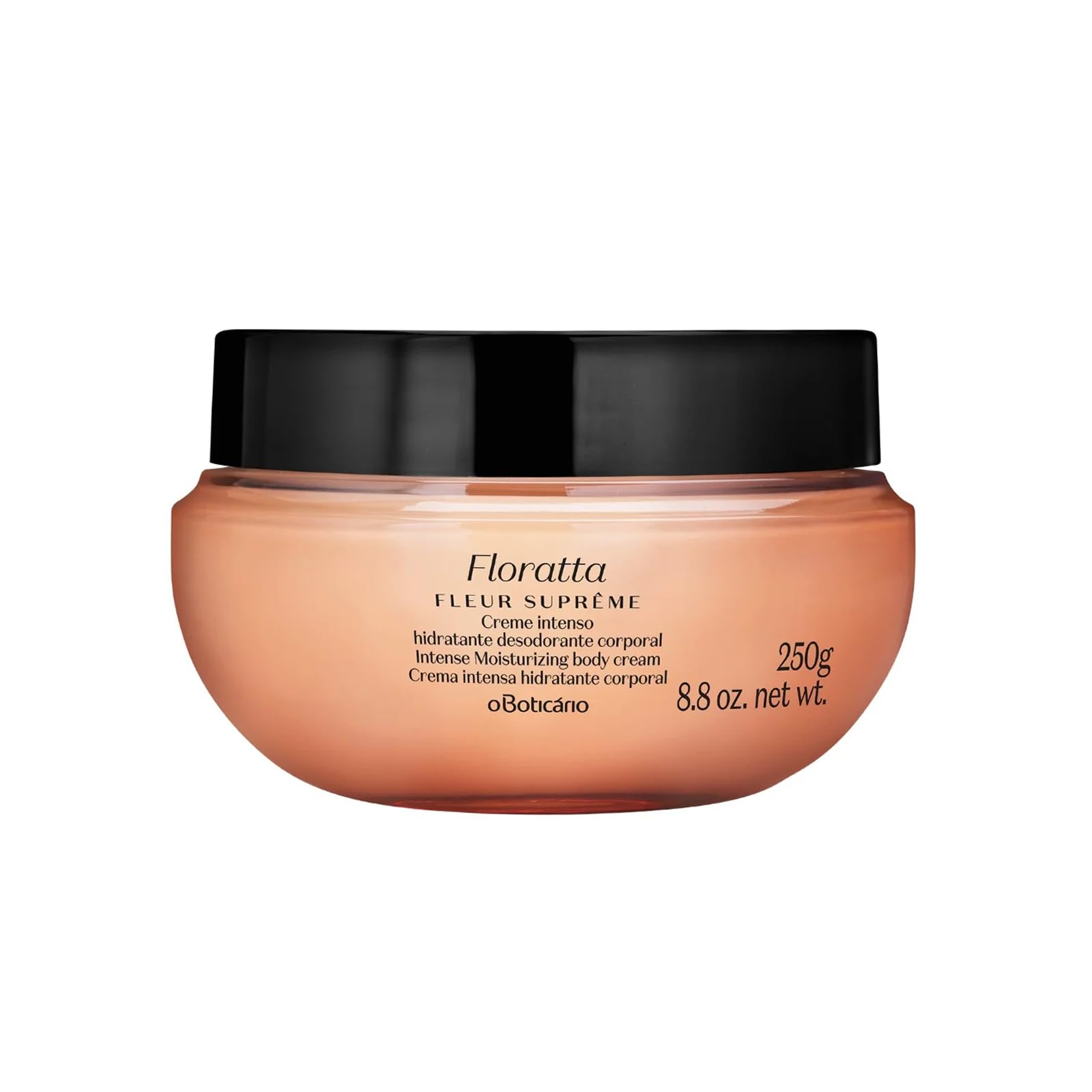 O Boticario Floratta Fleur Supreme satin cream jar for deep hydration and fragrance.