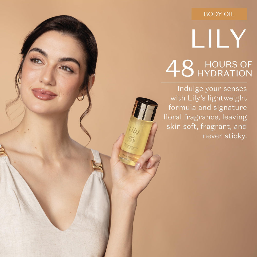 O BOTICÁRIO Lily Body Oil dispense pump delivering quick absorption.