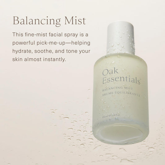Oak Essentials Balancing Mist spray showing refreshing aroma and hydration